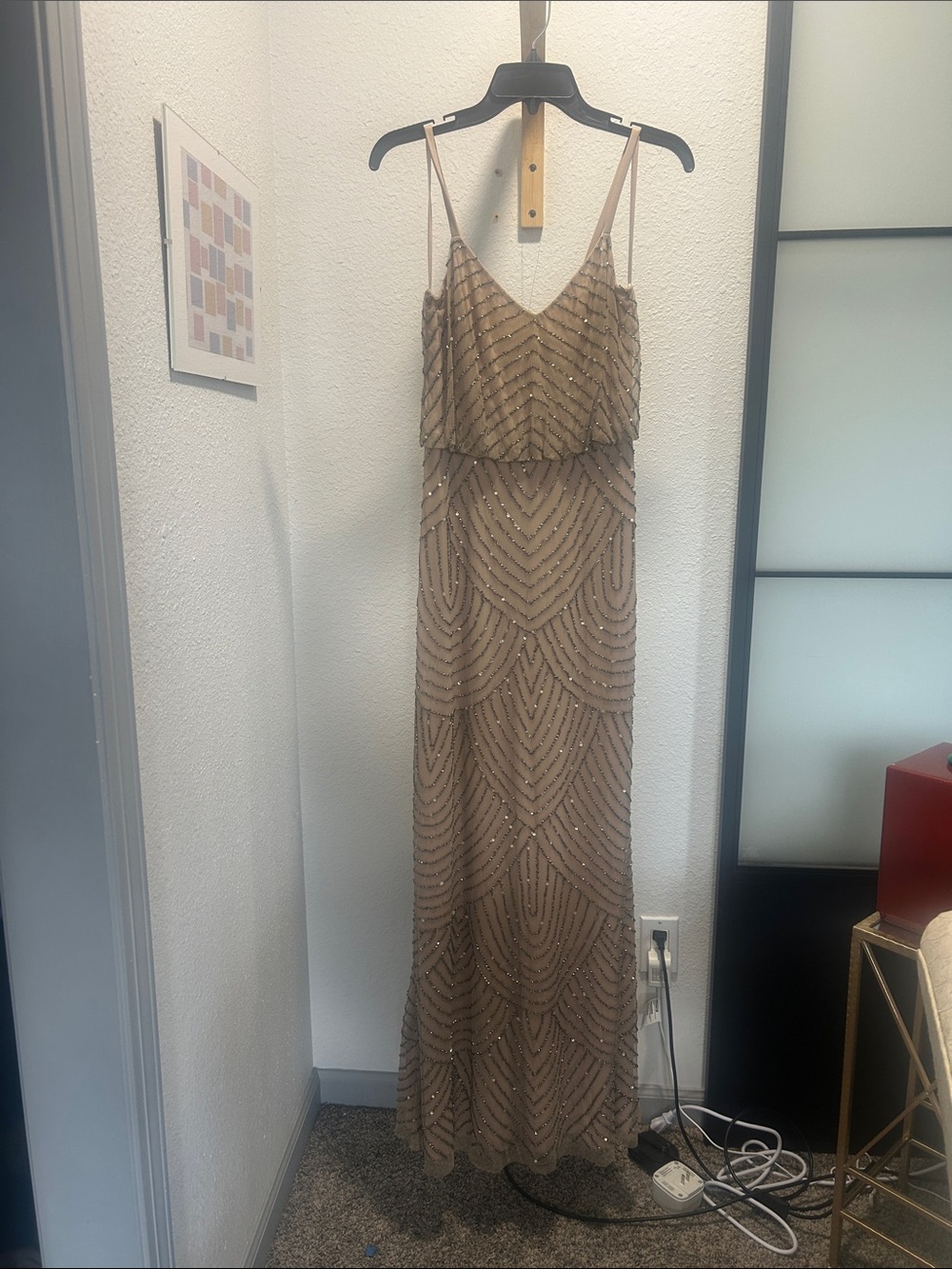 Adrianna Papell Beaded Taupe Maxi Dress with V-Neck and Spaghetti Straps